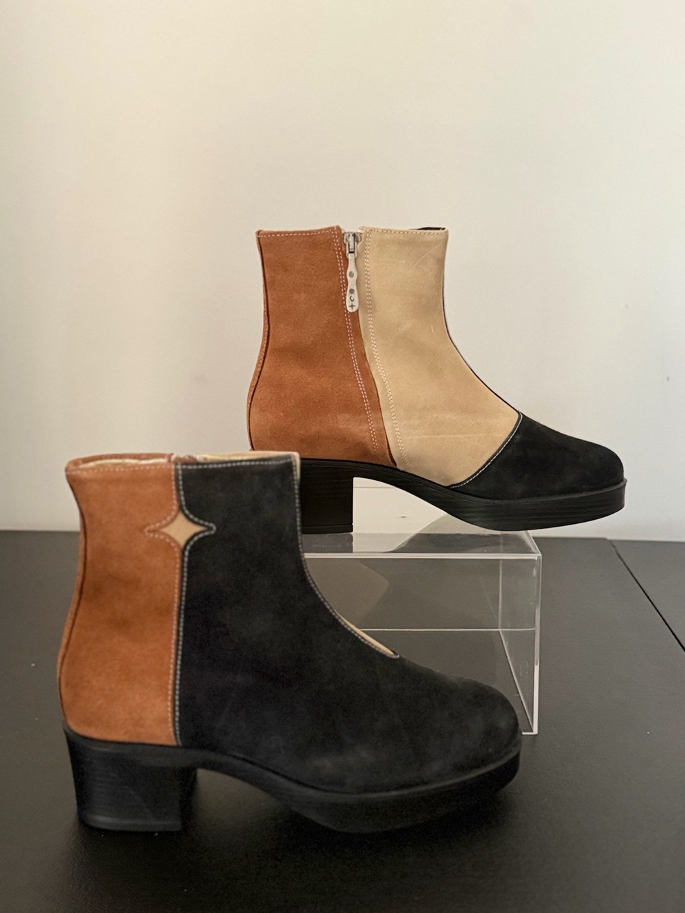 Tri-Tone Suede Ankle Booties in Black, Tan & Cream